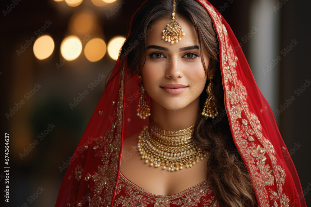 young indian woman wearing traditional saree and jewelery