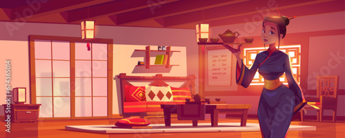 Young girl wearing traditional Chinese or Japanese kimono holds tray with teapot and cups in hand in room with tea ceremony table, door and window, sofa and traditional decorations. Cartoon vector.