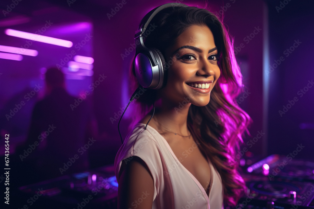 young beautiful woman playing DJ