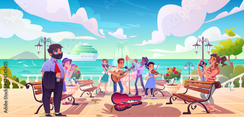 Street musician band playing musical instruments and singing in city park by sea. Cartoon outdoor performance - young people play guitar, violin, flute and trumpet and collect money in resort town.