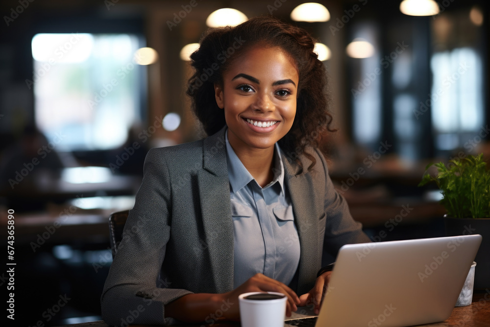 Woman is seen sitting at table with laptop. This image can be used to depict professional working environment or person engaged in online activities. Woman is seen sitting at table with laptop. This image can be used to depict professional working environment or person engaged in online activities.