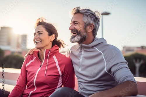 Athletic Caucasian couple in sports outfits posing for camera with confident and energetic looks. Happy mature man and woman jogging or workout outdoors. Healthy lifestyle in urban environment.