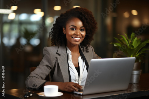 Woman sitting at table working on her laptop. This image can be used to represent remote work, freelance work, or online communication.