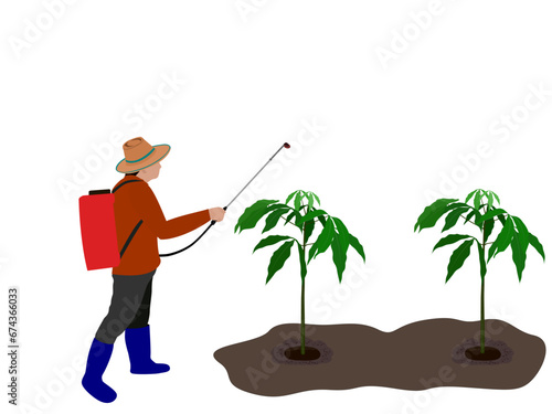 Farmers spraying rubber latex fertilizer.