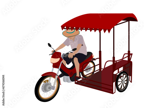 Farmer driving a motorcycle trailer with roof on white background.