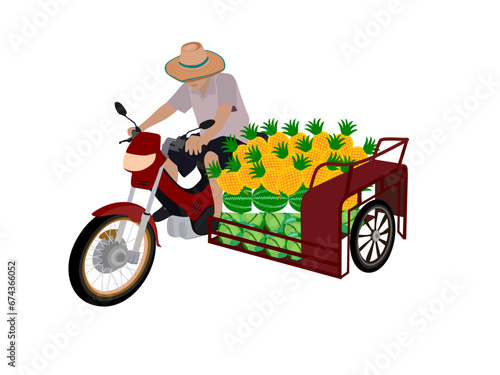 A farmer drives a car to transport vegetables and fruits on a white background.