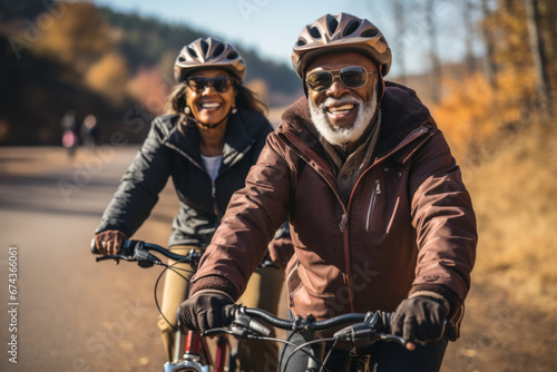 Elderly smiling couple in safety helmets ride bicycles together to stay fit and healthy. Happy African American seniors having fun on a bike ride on country road. Retired people lead active lifestyle.