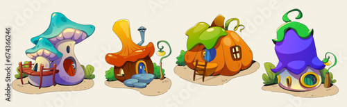 Fairytale tiny magic houses for gnomes and elves made of mushrooms, pumpkins and flowers with windows and doors - cartoon vector illustration set of cute little homes for fantasy forest wonderland.