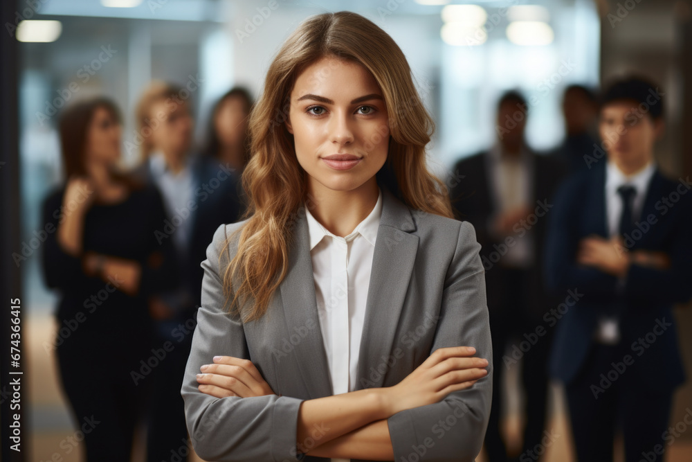 Woman confidently standing in front of group of business people. This image can be used to depict leadership, teamwork, and business presentations. Woman confidently standing in front of group of business people. This image can be used to depict leadership, teamwork, and business presentations.