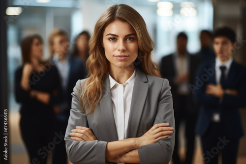 Woman confidently standing in front of group of business people. This image can be used to depict leadership, teamwork, and business presentations.
