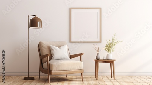 A simple white frame on a plain wall in a living room with a cozy armchair, a small side table, and a reading lamp.