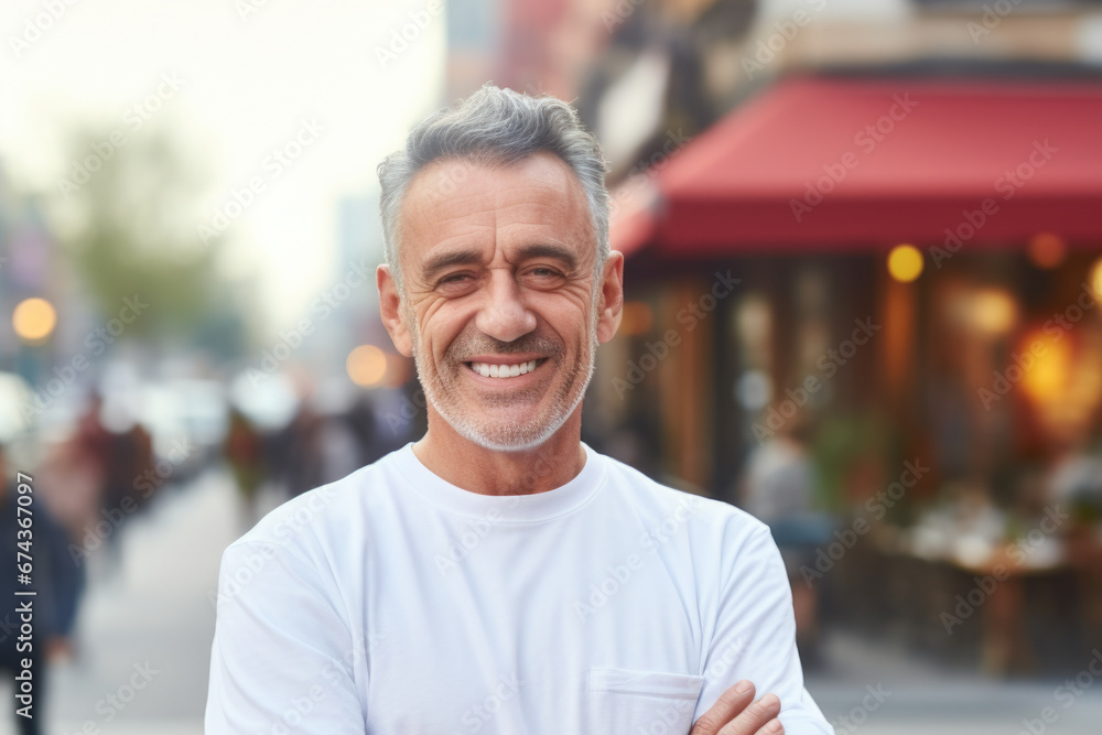 Man in white shirt standing on city street. Suitable for urban lifestyle and business concepts. Man in white shirt standing on city street. Suitable for urban lifestyle and business concepts.