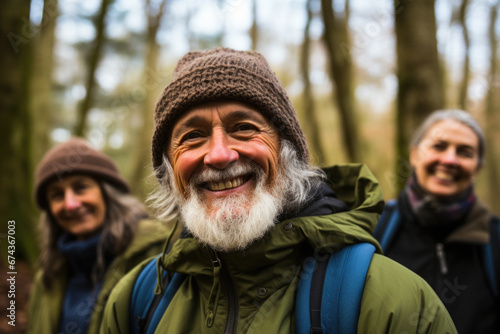 Group of people standing in peaceful forest. Perfect for nature and outdoor activities.