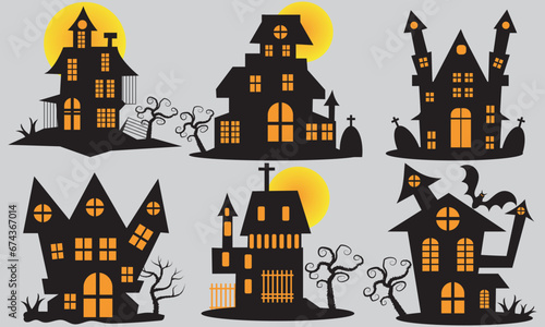 Halloween House silhouette collection. scary haunted house bundle set. 