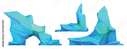 Big chunks and pieces of iceberg - blue glacier peaks with arch for north polar or antarctic landscape. Cartoon vector illustration set of ice mountains and rocks floating and drifting in sea or ocean