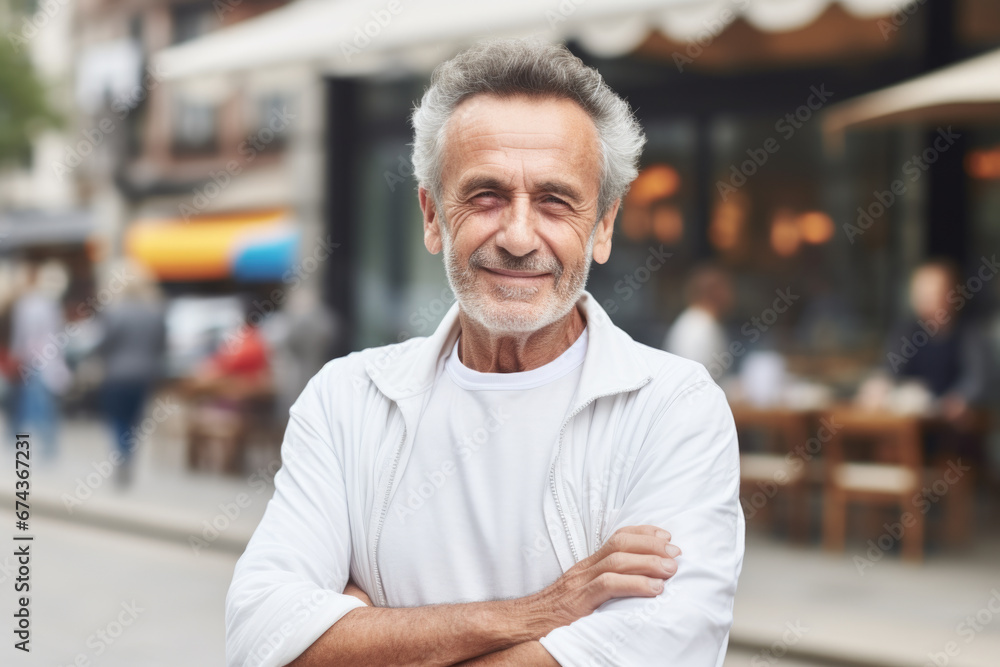 Man confidently stands on street with his arms crossed. This image can be used to portray self-assurance, confidence, or professionalism in various business or urban settings. Man confidently stands on street with his arms crossed. This image can be used to portray self-assurance, confidence, or professionalism in various business or urban settings.