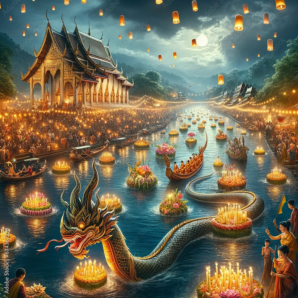 Phaya Naga, Thai temple, temple, Loi Krathong, culture, beliefs Stock