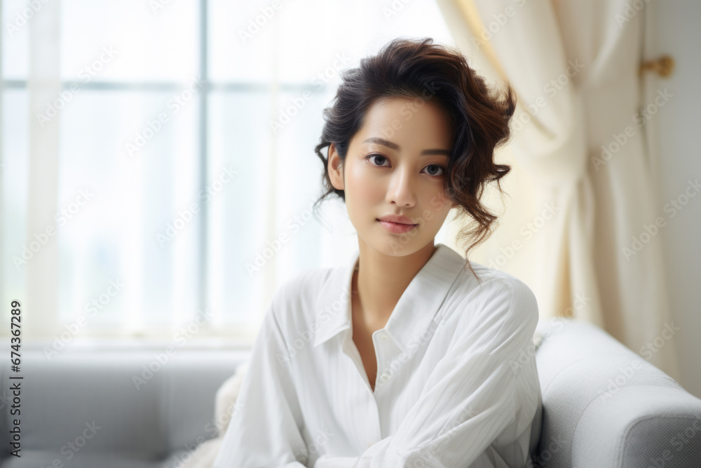Woman is pictured sitting on couch. This image can be used for various purposes.