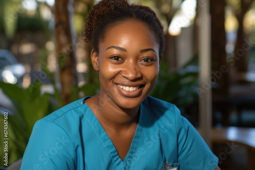 Woman wearing blue scrub suit smiles warmly at camera. This picture can be used to represent healthcare professionals or to showcase friendly and approachable demeanor.