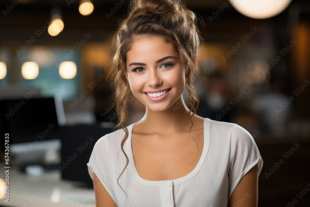 Beautiful young woman standing in front of computer. This versatile image can be used to represent technology, work, or education.