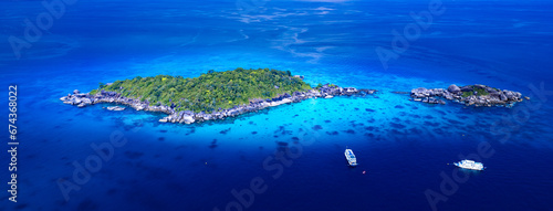 Aerial view of the Similan Islands, Andaman Sea, natural blue waters, tropical sea of Thailand. The islands are shaped like a heart, the beautiful scenery of the island is impressive.