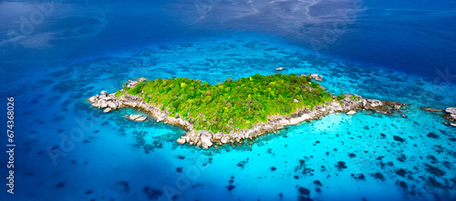 Aerial view of the Similan Islands, Andaman Sea, natural blue waters, tropical sea of Thailand. The islands are shaped like a heart, the beautiful scenery of the island is impressive.
