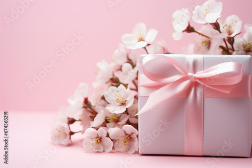 Beautifully wrapped white gift box adorned with pink ribbon and surrounded by delicate flowers. Perfect for any special occasion. © vefimov