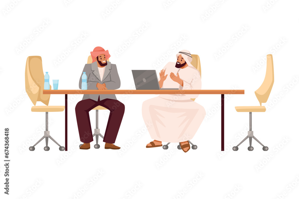 Arab Businessman Brainstorm Discuss Business Deal Sitting at Desk Vector Illustration