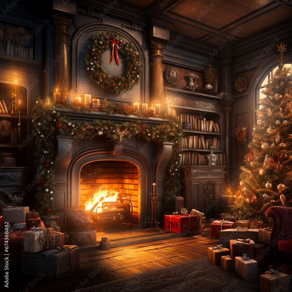 interior christmas. magic glowing tree  fireplace and gifts . Made with generative ai. 