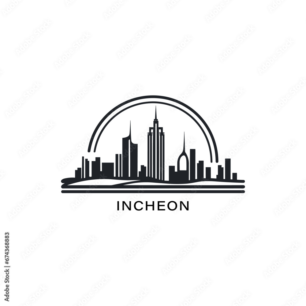 Incheon cityscape skyline city panorama vector flat modern logo icon. South Korea emblem idea with landmarks and building silhouettes. Isolated thin line graphic