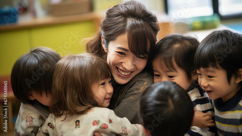 A teacher in a kindergarten or elementary school surrounded by her students.