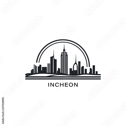 Incheon cityscape skyline city panorama vector flat modern logo icon. South Korea emblem idea with landmarks and building silhouettes. Isolated thin line graphic