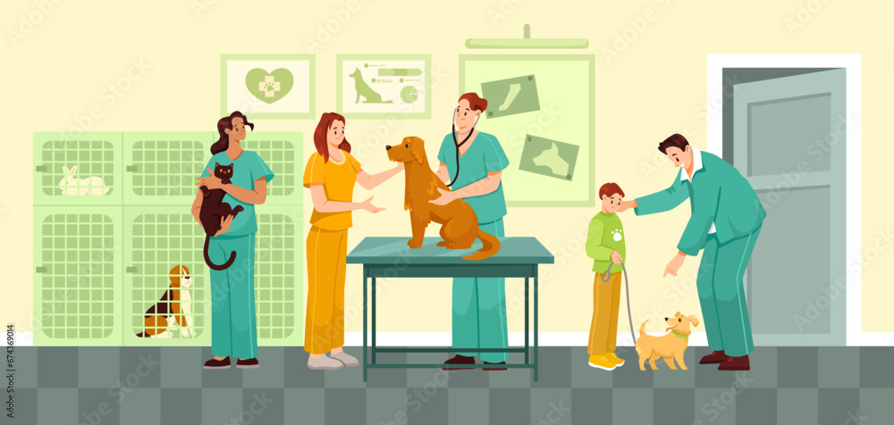 Appointment at Veterinarian with Pet Owner Visit Vet Hospital Vector Illustration