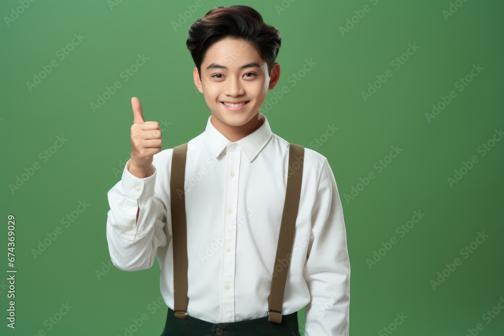 Man wearing white shirt and suspenders is giving thumbs up gesture. This picture can be used to depict positivity, approval, or success in various contexts. Man wearing white shirt and suspenders is giving thumbs up gesture. This picture can be used to depict positivity, approval, or success in various contexts.