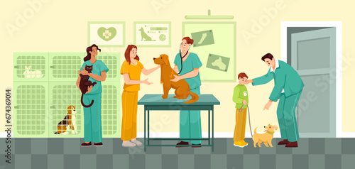 Appointment at Veterinarian with Pet Owner Visit Vet Hospital Vector Illustration