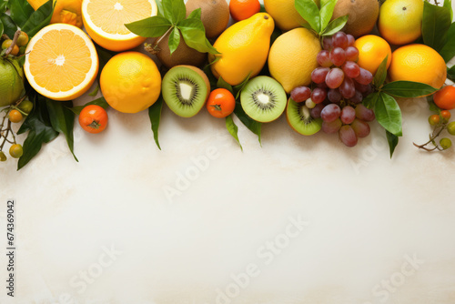 Collection of various fruits arranged neatly on table. This image can be used for healthy eating, nutrition, or food-related concepts. © vefimov