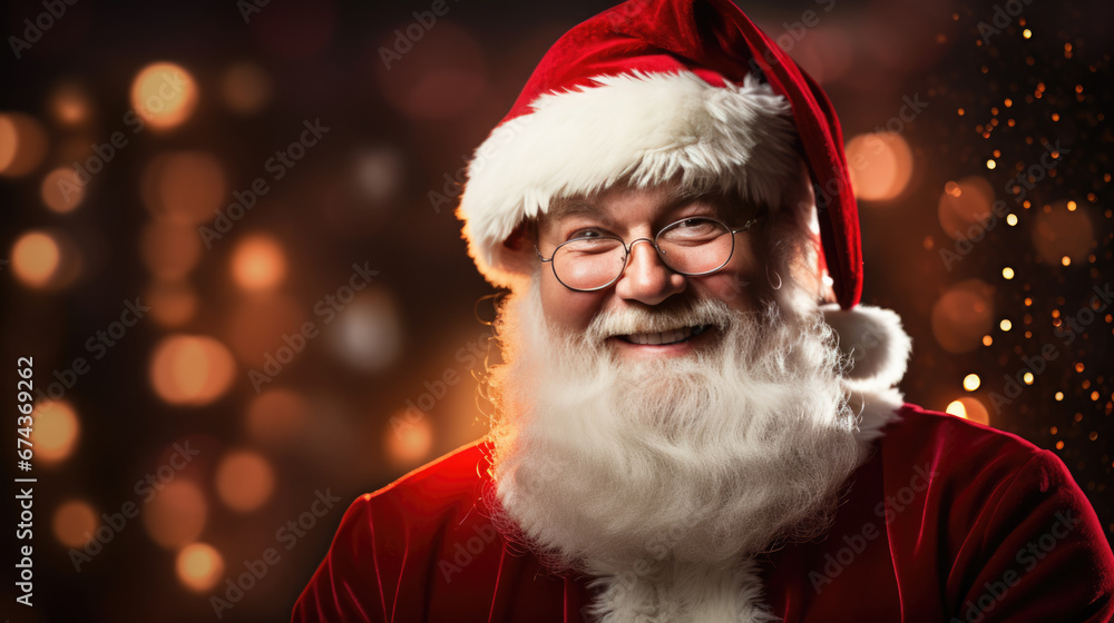 Close-up portrait of Santa Claus in a red hat, smiling warmly with a twinkle in his eye against a golden bokeh light background, embodying the festive spirit of Christmas. Close-up portrait of Santa Claus in a red hat, smiling warmly with a twinkle in his eye against a golden bokeh light background, embodying the festive spirit of Christmas.