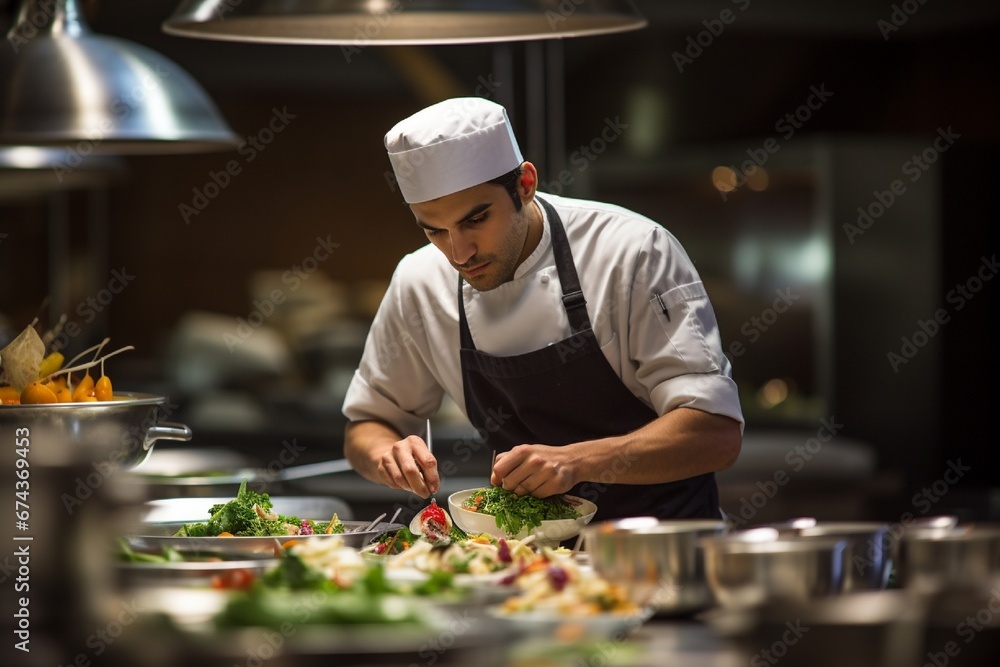 A skilled chef meticulously plating an exquisite dish in a high-end restaurant kitchen, surrounded by pots, pans, and fresh ingredients. - obrazy, fototapety, plakaty 
