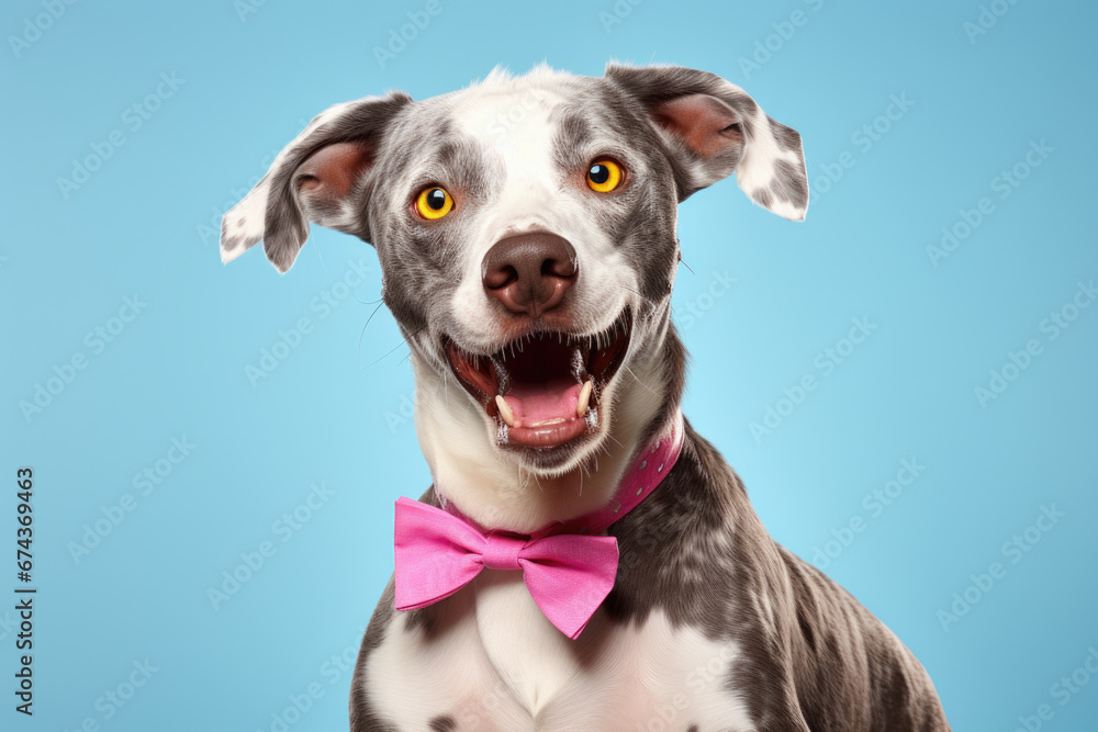 Black and white dog wearing stylish pink bow tie. This adorable pet accessory can be used for various purposes.