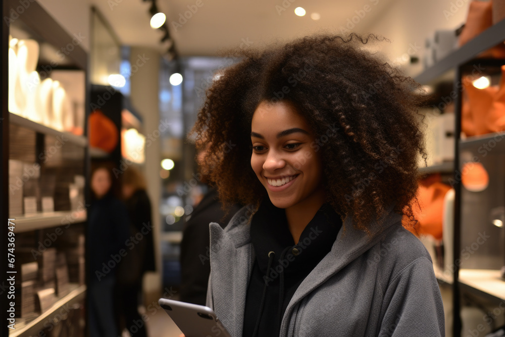 Woman standing in store, focused on looking at tablet. This image can be used to depict technology usage, shopping, or retail experiences. Woman standing in store, focused on looking at tablet. This image can be used to depict technology usage, shopping, or retail experiences.