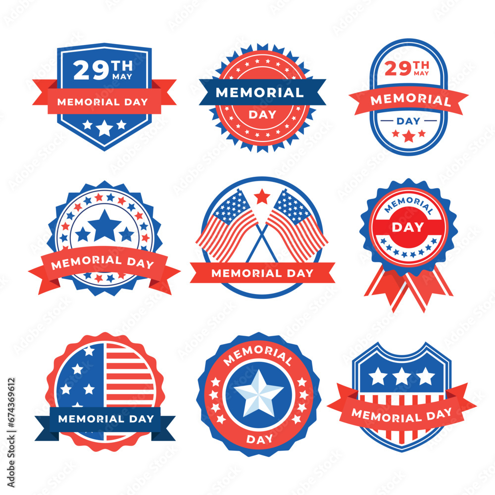 Set of Happy Memorial Day Badge Collection, Label and United States Veteran National Holiday Greeting Card with USA Flags Banner and Stars. Red, White and Blue American Flag Colors.