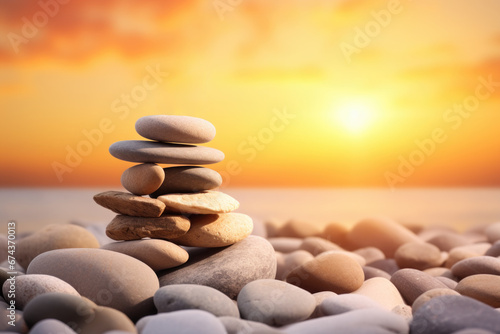 Pile of rocks sitting on top of beach. This image can be used to depict beauty of nature  serenity of beach  or as background for various design projects.