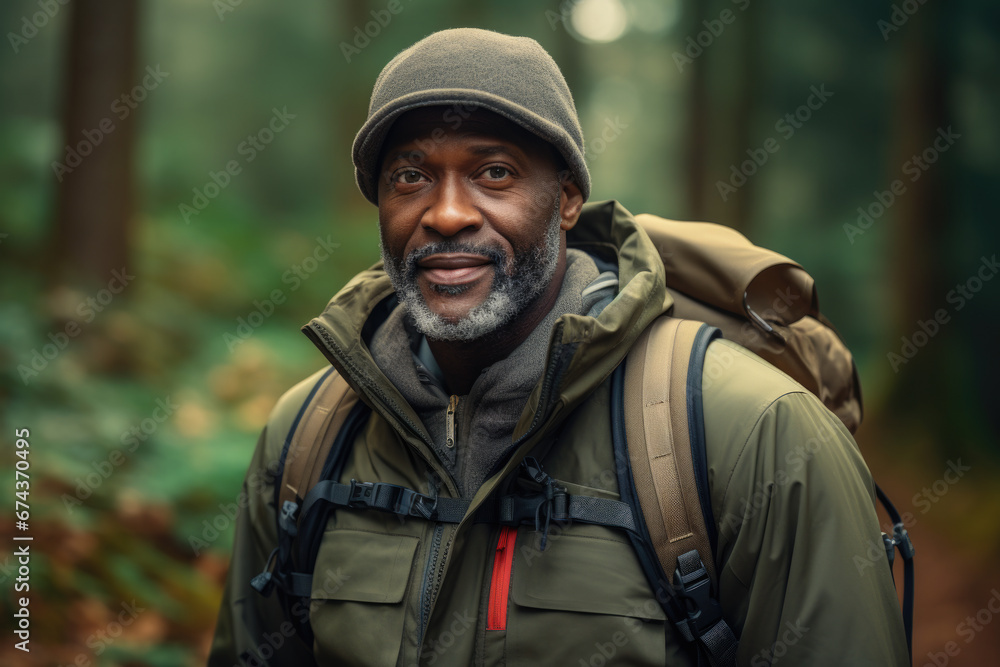 Man with backpack is pictured in woods. This image can be used to depict hiking, nature exploration, adventure, or outdoor activities.