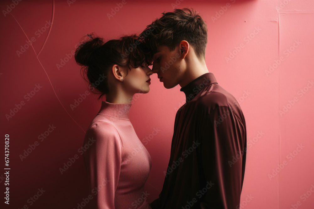 Romantic moment captured as man and woman share passionate kiss against vibrant pink wall. Perfect for showing love and affection in any project.