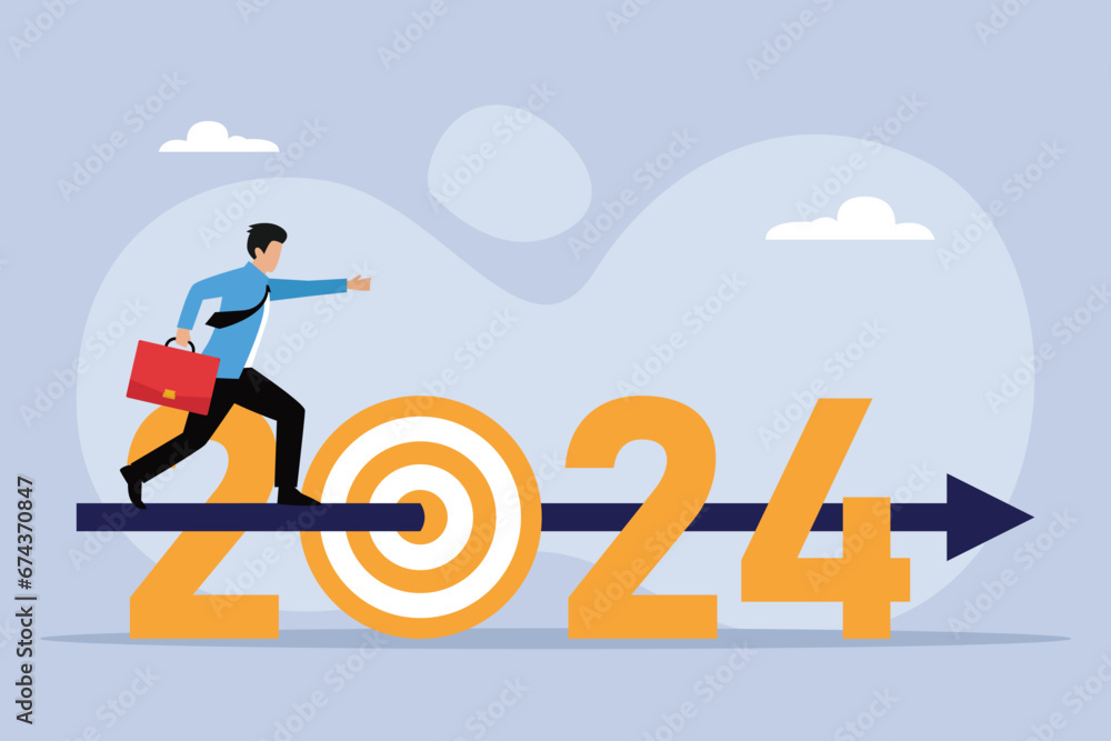 Businessman running and archery target breaking successful on 2024 year 2D flat vector concept for banner, website, illustration, landing page, flyer, etc Businessman running and archery target breaking successful on 2024 year 2D flat vector concept for banner, website, illustration, landing page, flyer, etc