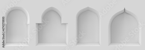 Arch window of mosque or muslim building. Realistic vector illustration set of islamic or indian traditional geometric arc shape frames in white wall. Oriental style door or gate border element.