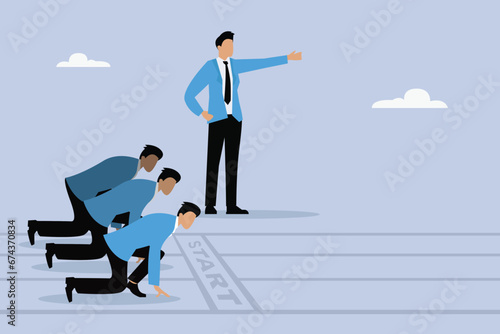 Business manager with pointed hand ordering his staff to start running 2D flat vector concept for banner, website, illustration, landing page, flyer, etc