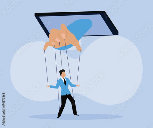 Young guy at strings. Manipulation and control 2D flat vector concept for banner, website, illustration, landing page, flyer, etc
