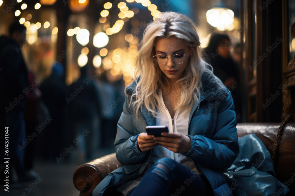 Woman sitting on bench, engrossed in her cell phone. Perfect for illustrating modern technology and communication in everyday life.