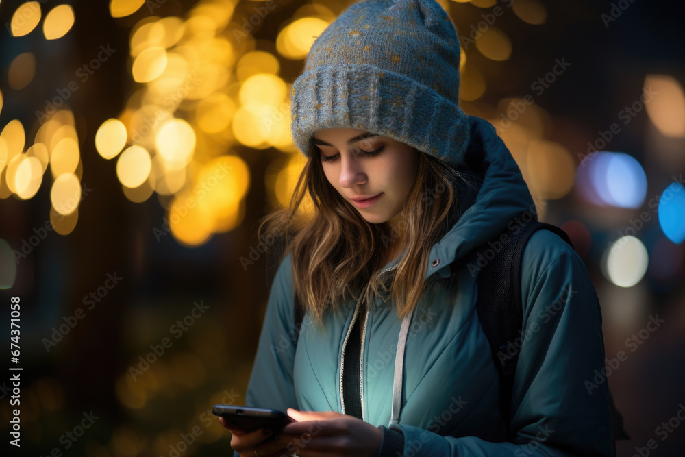 Woman wearing blue jacket and hat is seen looking at her cell phone. This versatile image can be used to depict technology, communication, or modern lifestyle. Woman wearing blue jacket and hat is seen looking at her cell phone. This versatile image can be used to depict technology, communication, or modern lifestyle.